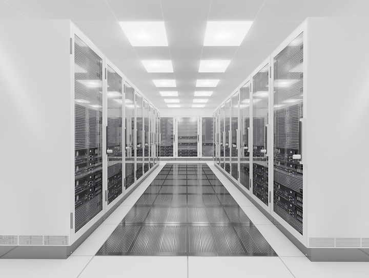 Bright white aisle between rows of data center server cabinets