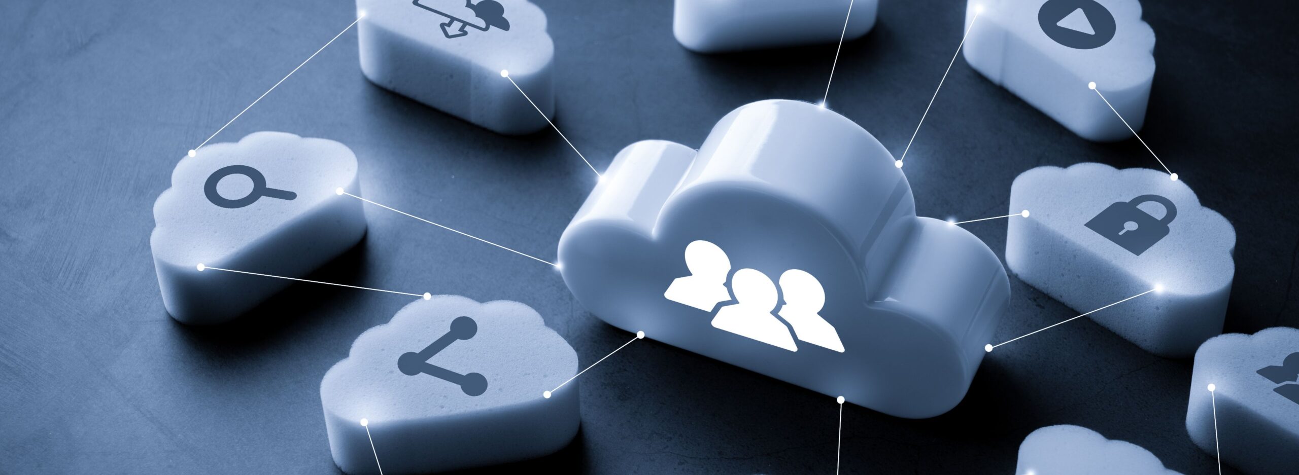 Abstract blue cloud-computing network of connected nodes