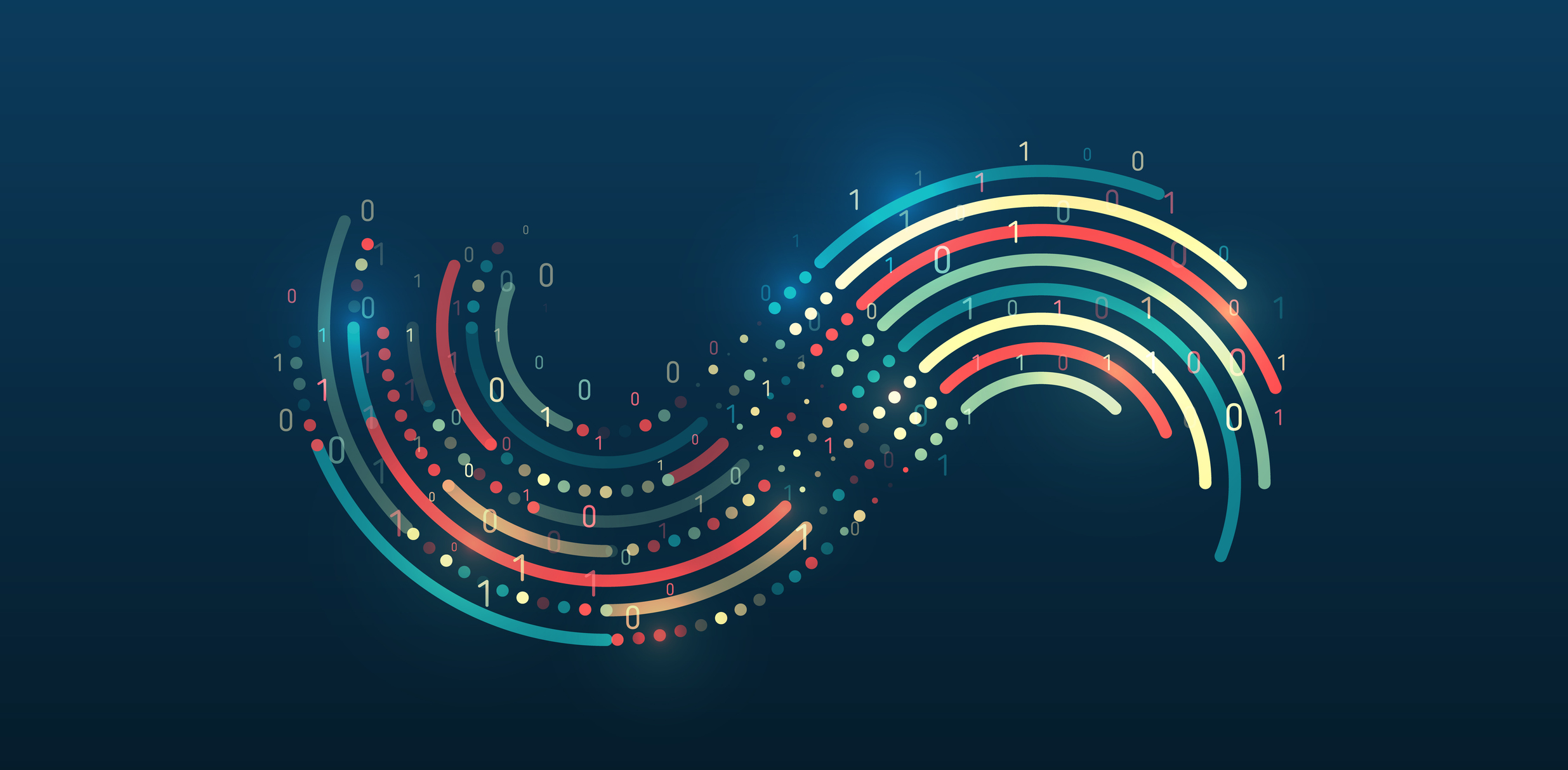 Abstract multicolored data streams flowing across a dark background