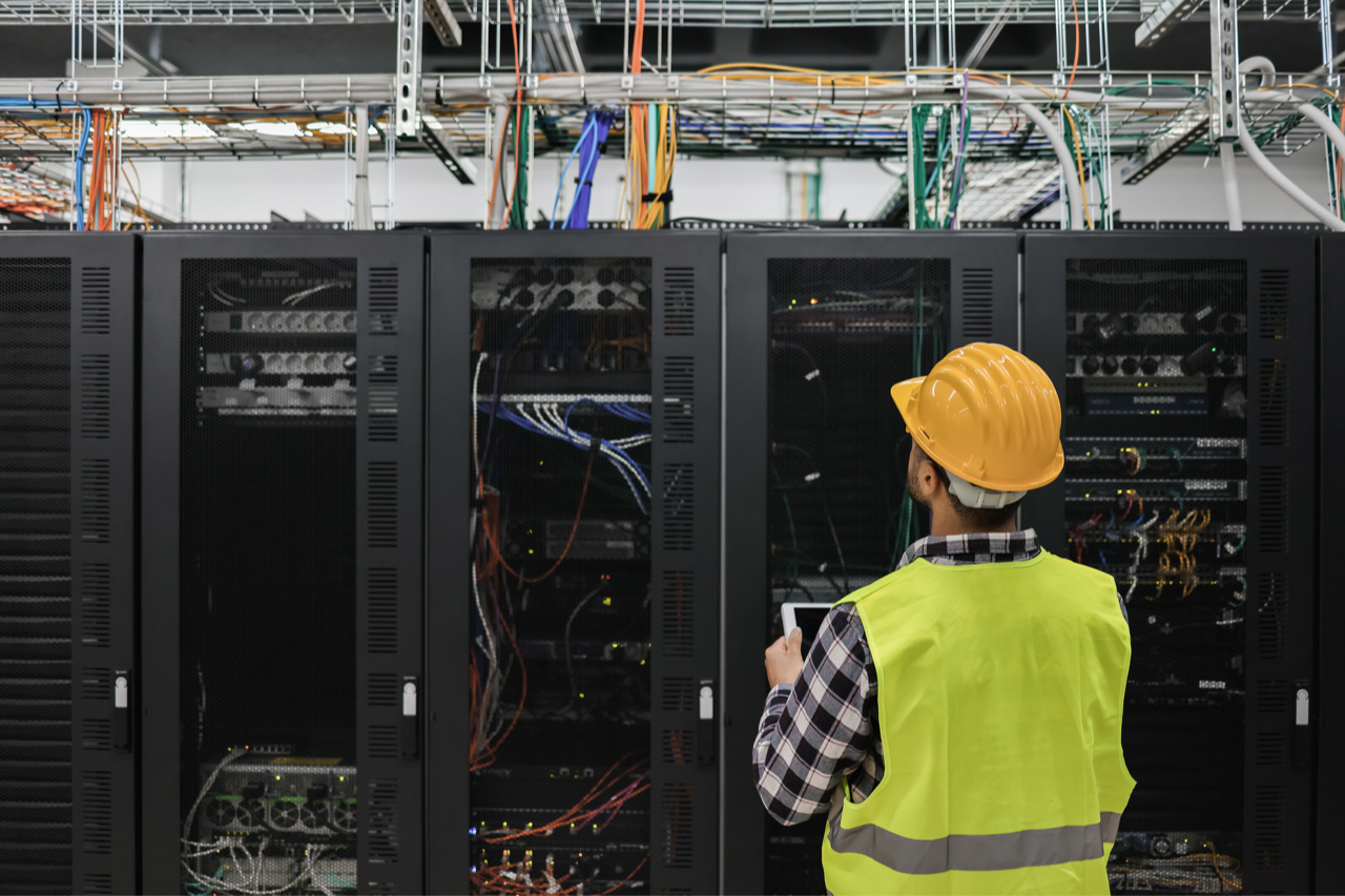 Close-up of server racks in a data center