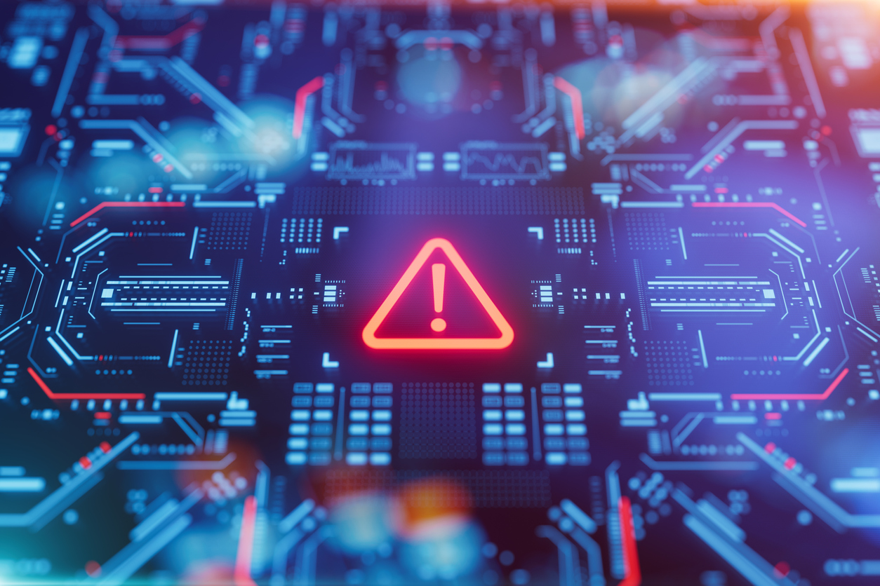 A red digital security alert with a warning symbol, representing a data breach